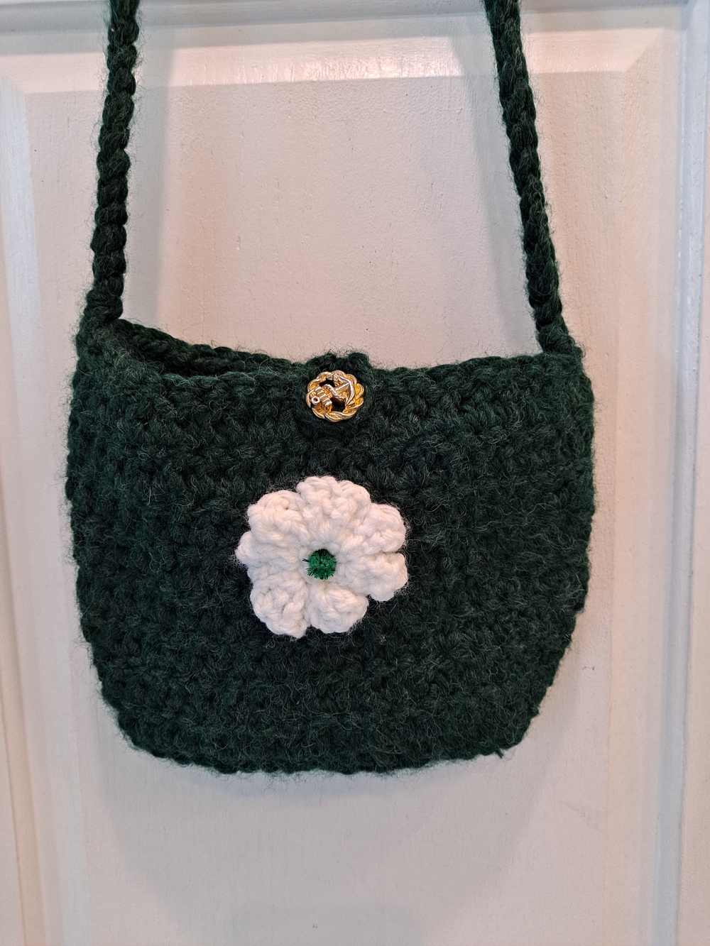 Artisan Dark Green Crochet Knit Wool Crossbody Bag White Flower Hobo Bucket